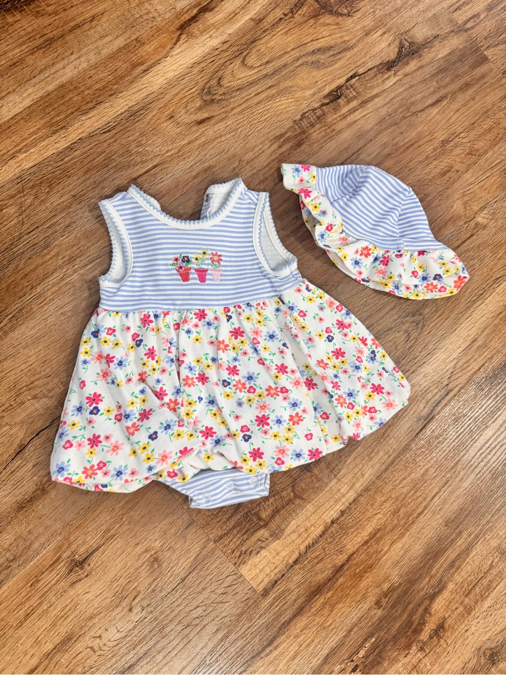 Little Me | Striped Blue & Floral Baby Dress with Matching Sun Hat